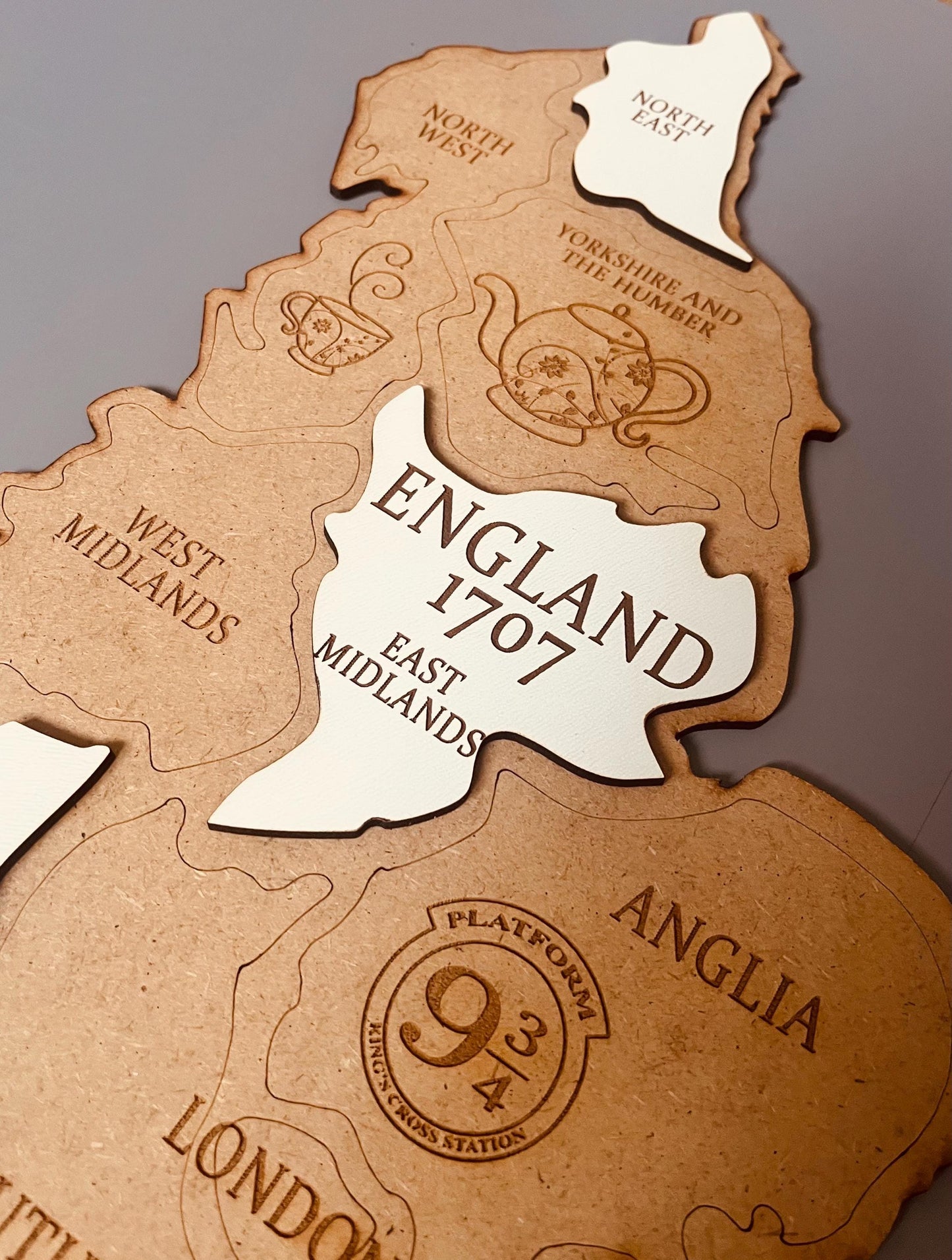 Engraved Wooden England Map Wall Art Decor